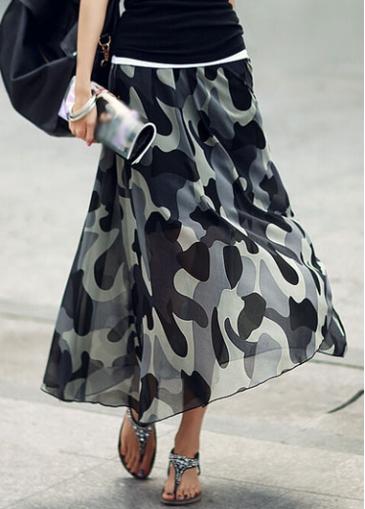 Rosewe Camouflage Print Elastic Waist Chiffon Maxi Skirt