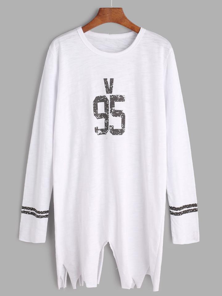 Shein White Varsity Print Raw Hem T-shirt