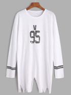 Shein White Varsity Print Raw Hem T-shirt