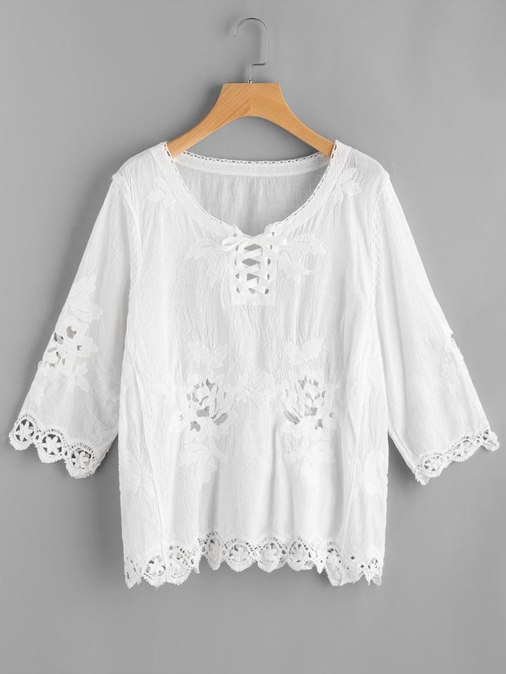 Shein Lace Up Hollow Out Embroidered Top