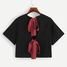 Shein Polka Dot Bow Tie Split Back Crop Tee