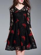 Shein Black V Neck Mesh Butterfly Embroidered Lace Dress