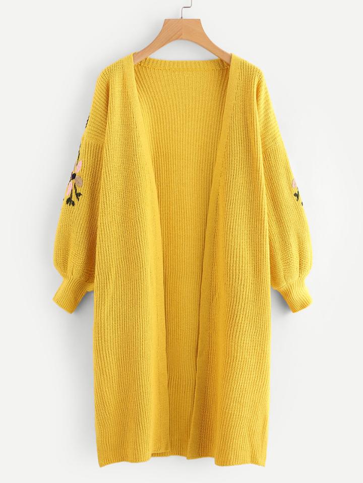 Shein Balloon Sleeve Slit Side Embroidered Cardigan