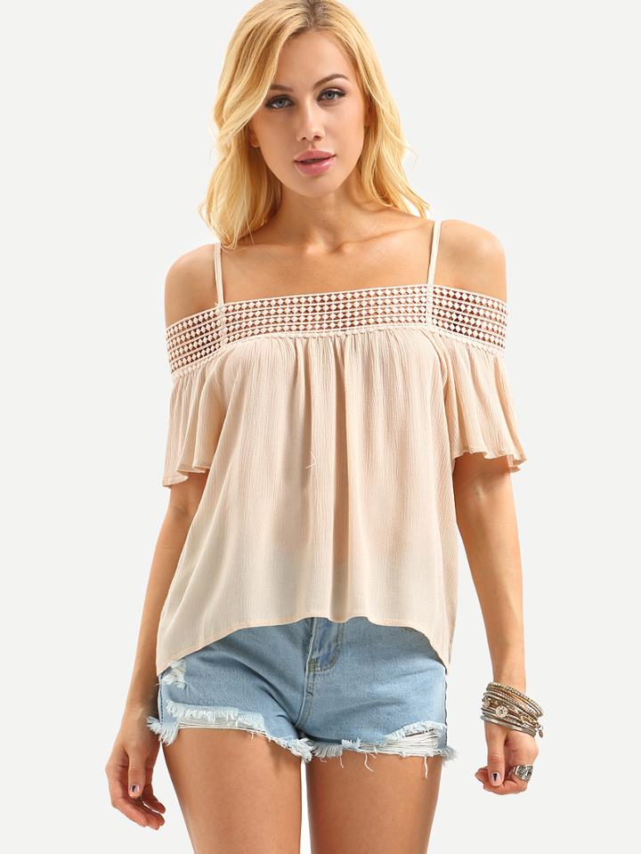Shein Lace Trimmed Cold Shoulder Top - Pink