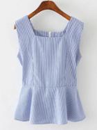 Shein Blue Square Neck Stripe Ruffle Hem Blouse