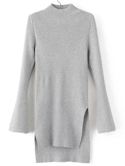 Shein Grey Crew Neck Bell Sleeve Side Slit Dip Hem Sweater