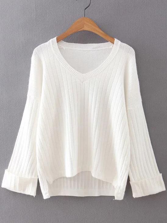 Shein White V Neck Rolled Cuff High Low Sweater