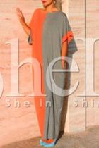 Shein Grey Orange Contrast Pockets Maxi Dress