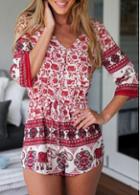 Rosewe Red Tribal Print V Neck Mini Romper