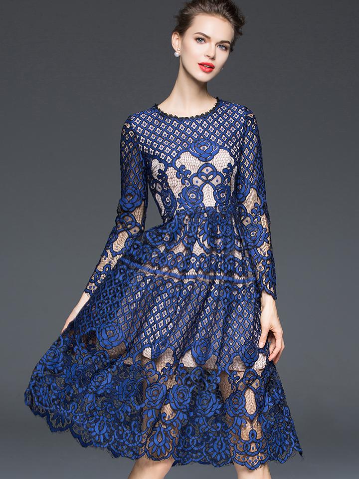 Shein Navy Round Neck Long Sleeve Lace Dress