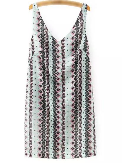 Shein Multicolor V Neck Sleeveless Criss Cross Backless Print Dress