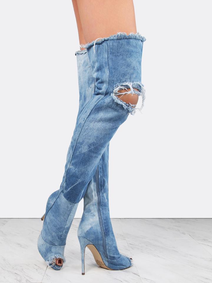 Shein Distressed Denim Stiletto Boots Denim