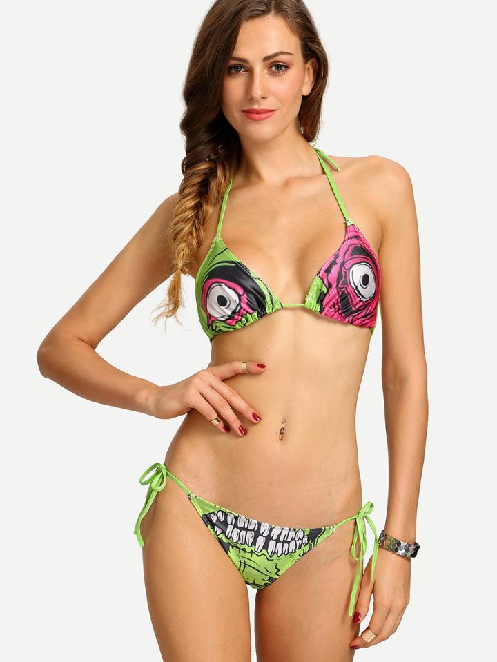 Shein Zombie Print Triangle Bikini Set - Green