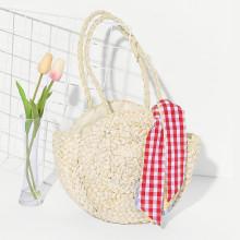 Shein Girls Straw Handbag With Gingham Scarf