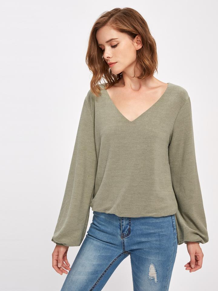 Shein Bishop Sleeve Ribbed Sweatshirt