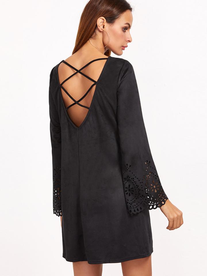Shein Black Laser Cut Out Criss Cross Back Faux Suede Dress