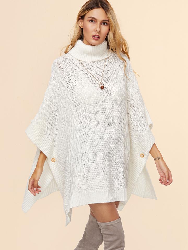 Shein White Geo Pattern Turtleneck Buttoned Poncho Sweater