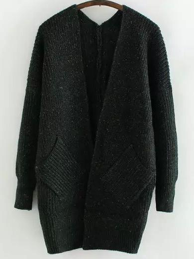 Shein Dark Green Long Sleeve Pockets Knit Cardigan