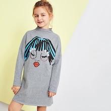 Shein Girls Figure Print With Beaded Detail Mock Dress