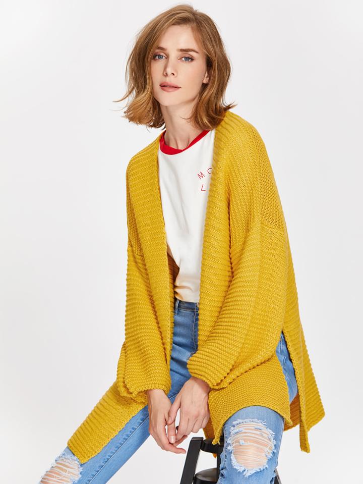 Shein Drop Shoulder Lantern Sleeve Slit Textured Cardigan