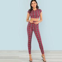 Shein Plaid Print Crop Top & Pants Set