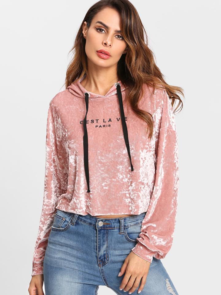 Shein Letter Print Crushed Velvet Crop Hoodie