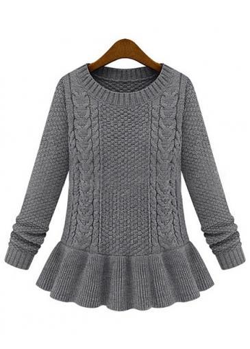 Rosewe Vogue Frill Decoration Round Neck Cable Sweaters Grey
