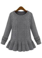 Rosewe Vogue Frill Decoration Round Neck Cable Sweaters Grey