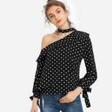 Shein Oblique Shoulder Ruffle Trim Knot Cuff Spot Blouse