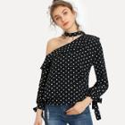 Shein Oblique Shoulder Ruffle Trim Knot Cuff Spot Blouse