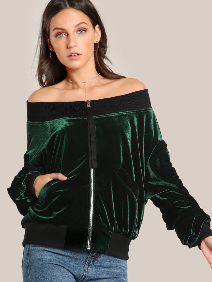 Shein Contrast Rib Trim Off Shoulder Velvet Jacket