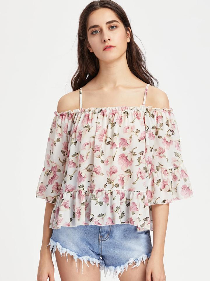 Shein Calico Print Frill Trim Top