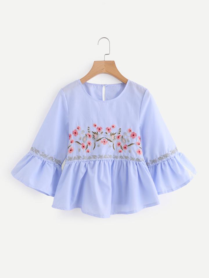 Shein Bell Sleeve Botanical Embroidered Ruffle Blouse