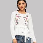 Shein Flower Embroidered Belted Top