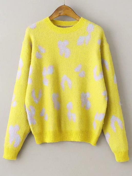 Shein Yellow Leopard Print Ribbed Trim Sweater