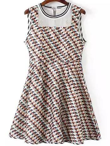 Shein Geometric Print Sheer Neck A-line Dress