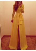 Rosewe Yellow Split Design Lace Patchwork Maxi Dress