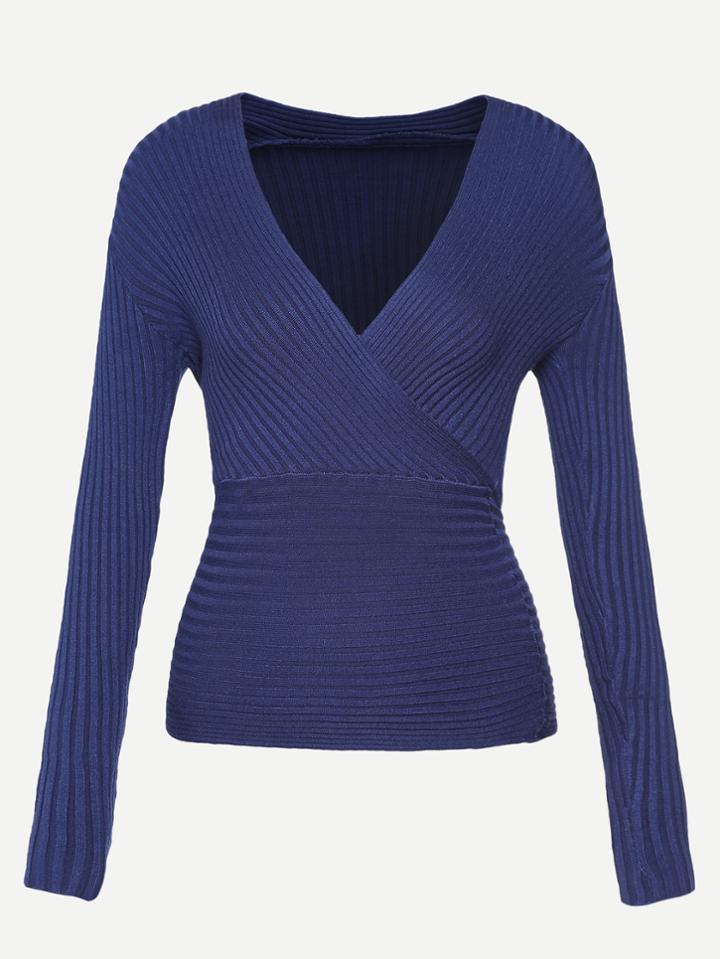 Shein Navy Deep V Neck Ribbed Sweater