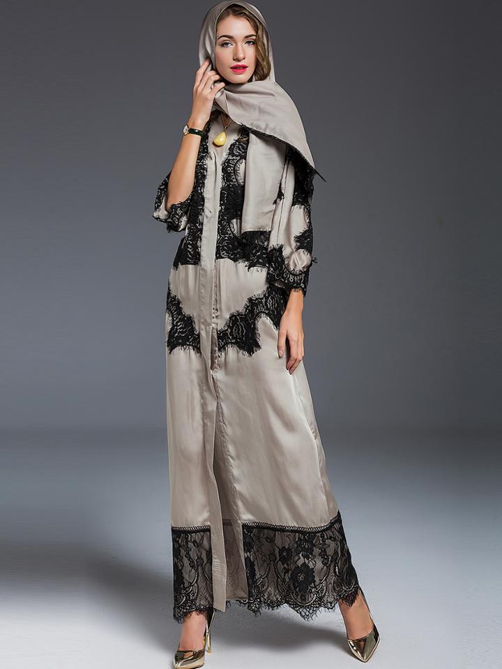 Shein Apricot Scarf Contrast Lace Maxi Dress