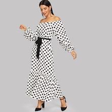 Shein Waist Belted Polka Dot Off Shoulder Dress