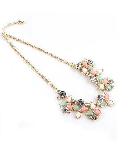 Shein Pink Gemstone Gold Leaves Chain Necklace