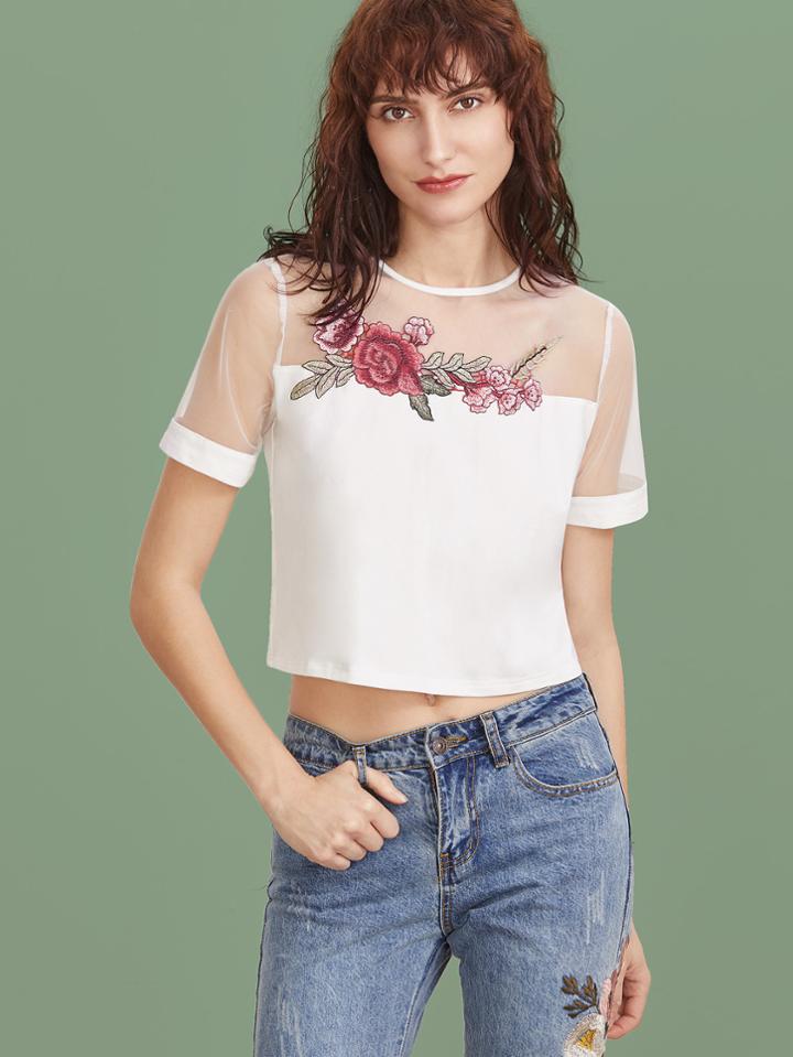 Shein White Embroidered Flower Applique Mesh Shoulder Crop T-shirt