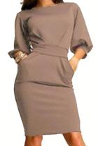Shein Mocha Half Sleeve With Belt Slim Khaki Dress