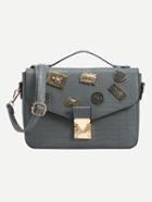 Shein Crocodile Embossed Charm Embellished Flap Bag - Grey