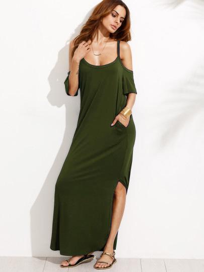 Shein Army Green Pocket Cold Shoulder Split Maxi Dress