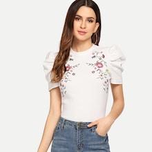 Shein Embroidered Puff Sleeve Mock Tee