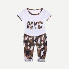 Shein Boys Letter Print Tee With Camo Drawstring Pants