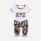 Shein Boys Letter Print Tee With Camo Drawstring Pants