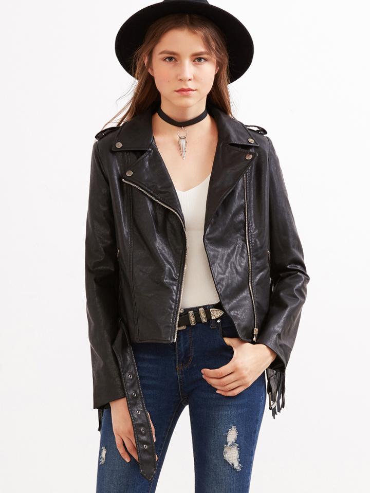 Shein Black Faux Leather Fringe Trim Asymmetric Zip Biker Jacket