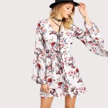 Shein Bell Sleeve Drawstring Waist Calico Dress